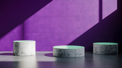 Minimalist cylindrical marble pedestals in warm sunlight with purple shadows for a contemporary UHD 4K display.	