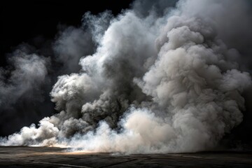 A dramatic plume of thick, swirling smoke billows across a dark surface, creating a mysterious and atmospheric scene.