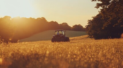 Fototapeta premium Farmer operating a tractor in a golden field during sunset in rural countryside