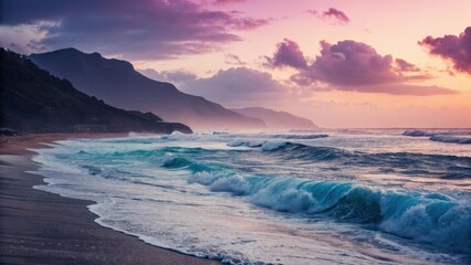 Obraz premium Serene Coastal Sunset Waves Crashing on a Sandy Shore Under a Vibrant Sky