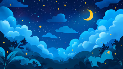 A serene night sky filled with stars and soft clouds, creating a tranquil and magical atmosphere for stargazing. Nightbloom. Illustration