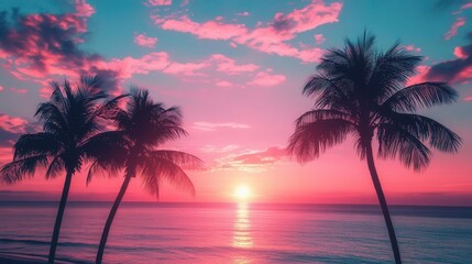 retrofuturistic beach scene in an outrun synthwave style, featuring palm trees silhouetted against a vibrant pink and blue sunset, invoking nostalgia and a sense of adventure