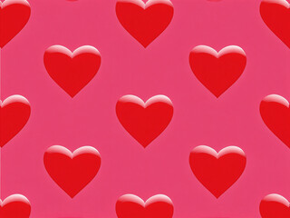 Colorful red hearts on a pink background create a cheerful and festive pattern for decorations and designs. Valentine&rsquo;s Day, date, engagement, love, wedding, background