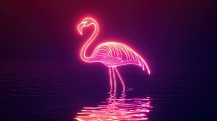 Fototapeta premium Vibrant neon flamingo stands gracefully in the reflecting water at night