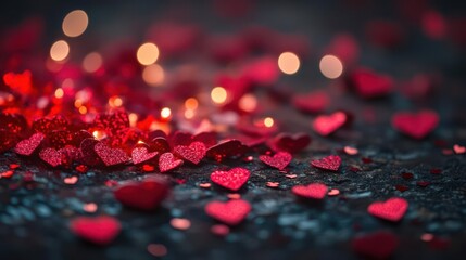 romantic background featuring glowing blurred hearts scattered with red glitter, perfect for capturing the essence of valentine’s day celebrations