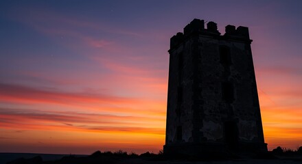 Obraz premium Silhouetted ancient stone tower against vibrant sunset with warm orange and pink hues, concept for travel brochure, landscape photography and architectural inspiration