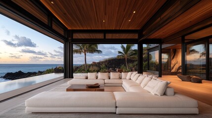 Fototapeta premium Expansive ocean views from a luxurious, modern home. Lush landscape and a sleek sectional sofa create a tranquil atmosphere.