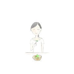 woman eating salad サラダを食べる黒髪ポニーテールの女性