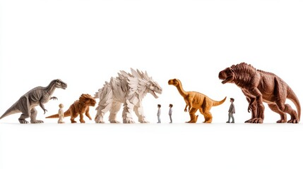 Miniature people stand in awe before a row of majestic dinosaurs, each varying in size and color. A captivating scene!
