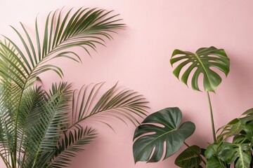 Obraz premium Tropical foliage arranged against a pale pink backdrop