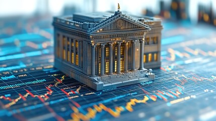 Miniature outdoor bank building model with classic architectural design