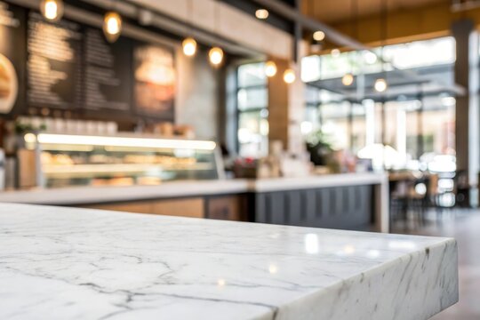 Empty marble counter in a modern cafe with blurred background