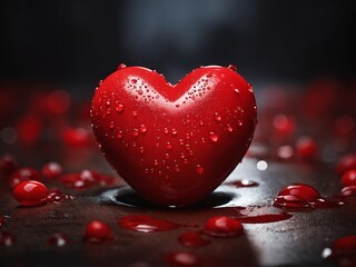 Vibrant red heart sculpture surrounded by droplets on a dark reflective surface. Valentine&rsquo;s Day, date, engagement, love, wedding, background