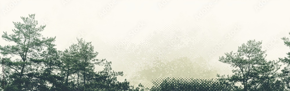 Poster deep forest green blending into muted tones near a serene horizon at dawn in a tranquil woodland set