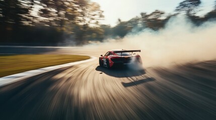 Race car speeds around a winding track leaving a trail of smoke in the late afternoon sun