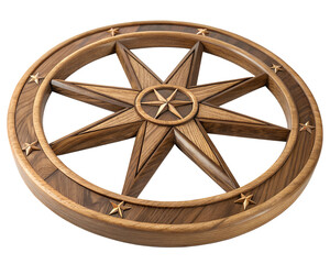 Artistic wooden wheel with star-shaped center, rustic decor