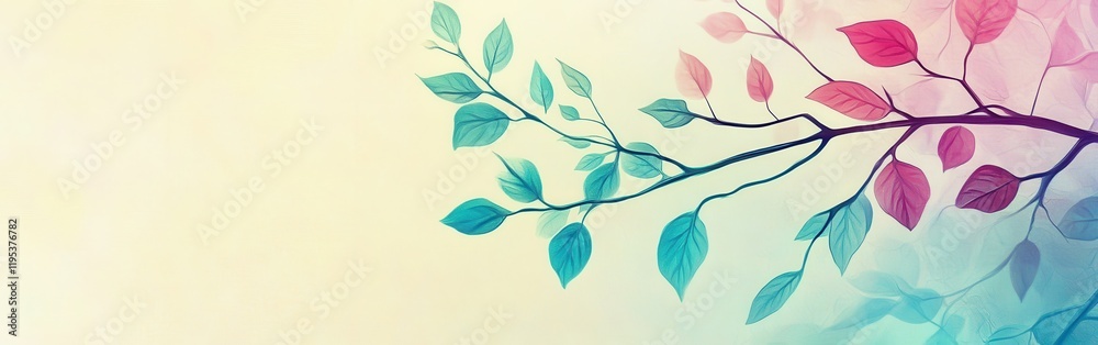 Poster Artistic representation of branches with gradient leaves showcasing vibrant colors against a soft background