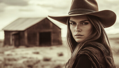 portrait of a female wearing a cowboy hat - sepia tone, vintage style fashion model woman cowgirl in front of a barn in the desert.