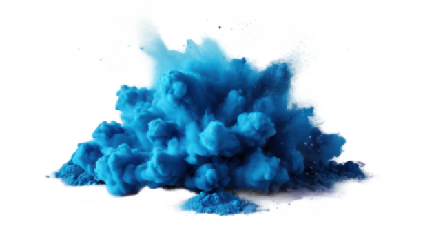 Single bright blue Holi color explosion, with jagged edges and a cloud of fine powder particles expanding outward on a transparent background PNG