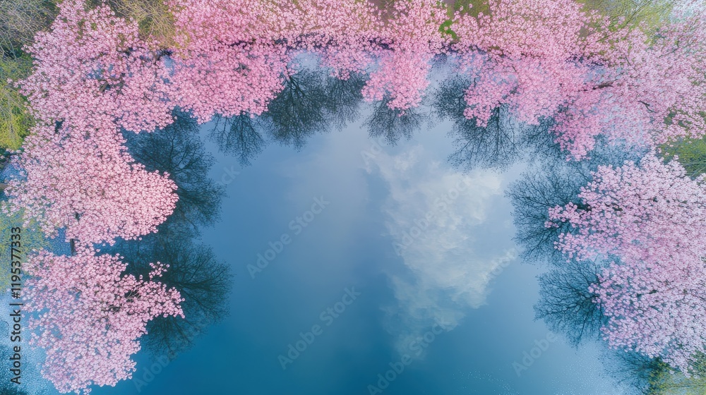Poster serene aerial view of a lake surrounded by vibrant cherry blossom trees reflecting in calm waters