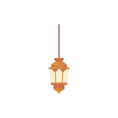 Oriental hanging lantern, vintage hanging lamp with golden lampshade vector flat icon, Arabian antique interior design