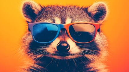 Cool raccoon in stylish sunglasses against a vibrant orange background.  A fun, playful image.