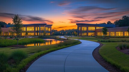 Obraz premium Sunset over modern campus buildings.