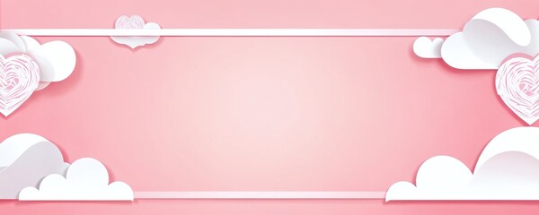 Soft pink background with white clouds and heart shapes set for a romantic celebration or special event. Valentine&rsquo;s Day, date, engagement, love, wedding, background
