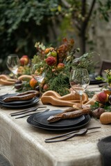 Elegant table setting;  wooden snakes adorn plates.