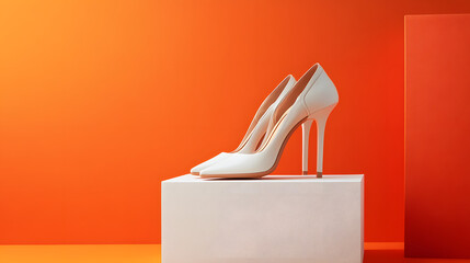 UHD 4K minimal orange and white product display showcasing elegant high-heel shoes on platforms.	