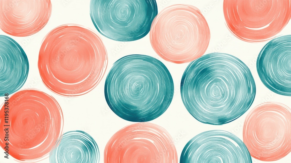 Poster Abstract coral and teal pencil strokes create a playful pattern of circles on a light background for vibrant decor