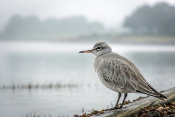 Obraz premium A solitary grey bird perches on weathered wood near a misty water's edge, observing its serene surroundings.