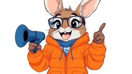 Naklejka premium A cheerful cartoon rabbit in an orange puffer jacket holds a megaphone and points, ready to make an announcement!
