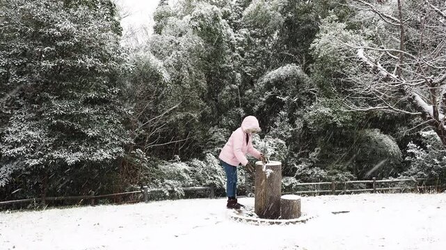 冬の公園で楽しく雪遊びしている小学生の女の子の様子