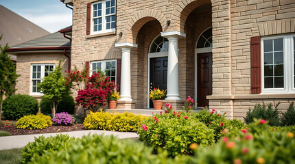 Luxury House Exterior with Landscaping and Brick Architecture. Beautiful Home Design, Real Estate Property
