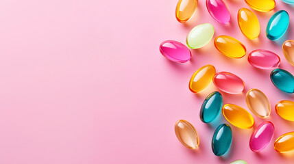 Fototapeta premium Colorful Multivitamin Gummies Placed Randomly on a Pink Background