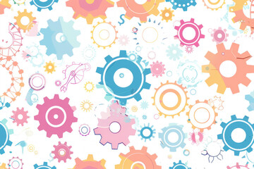 Fototapeta premium Abstract construction-themed pattern with gears and tools in pastel colors
