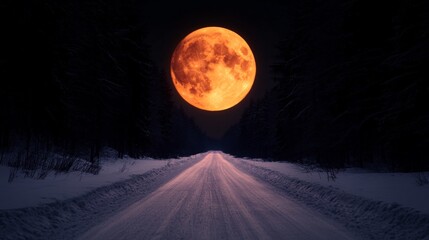Enormous orange moon rises over a snow-covered road, casting an ethereal glow on the winter landscape.