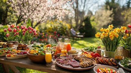 Vibrant spring garden barbecue featuring blooming flowers and delicious dishes in a sunny outdoor setting