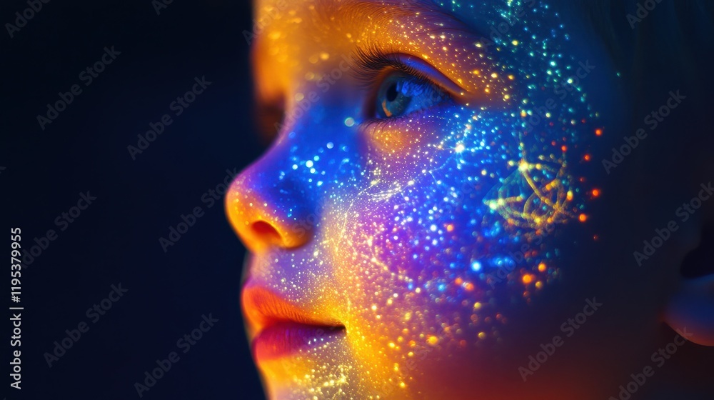 Aufkleber Child's face illuminated with colorful lights creating a magical and enchanting atmosphere during an evening celebration