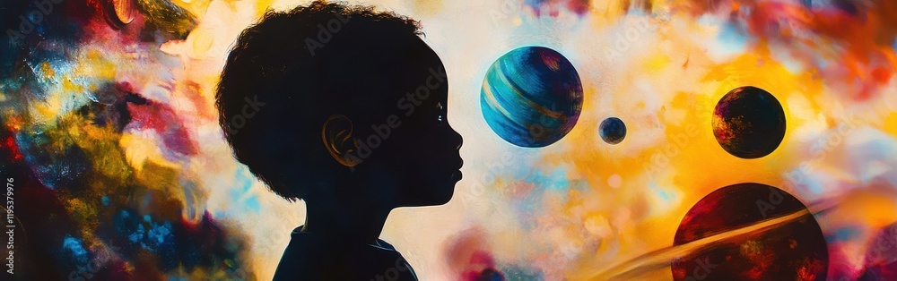 Poster child gazing in wonder at colorful cosmic scene with planets and vibrant nebulae in background