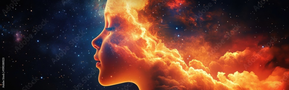 Poster child's face illuminated by vibrant cosmic colors with a backdrop of swirling clouds and starlit sky