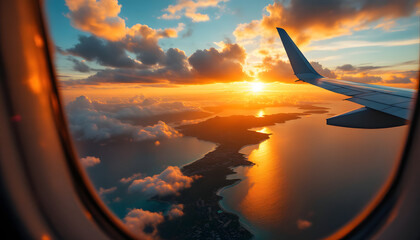 Fototapeta premium breathtaking sunset view from airplane window over coastal landscape 