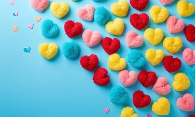 Fototapeta premium Colorful arrangement of fluffy heart-shaped decorations on a blue background. Valentine’s Day, date, engagement, love, wedding, background