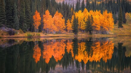 Obraz premium stunning autumn landscape featuring a serene forest lake reflecting fiery orange and yellow trees, capturing the essence of fall in a tranquil environment