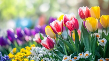 Vibrant Spring Garden Display of Tulips and Flowers