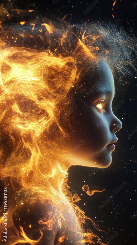 Leinwandbilder surreal visualization of a child's profile surrounded by flames and mystical light in a dark setting