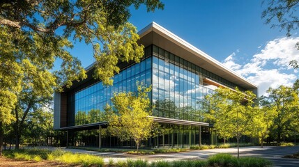 Fototapeta premium stunning modern office building framed by lush green trees and a bright blue sky, sunlight reflecting off the glass facade of this eco-friendly business