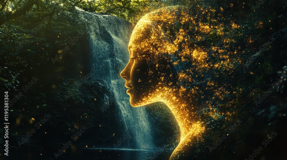 Poster surreal glowing representation of a woman surrounded by a serene waterfall and lush forest during tw
