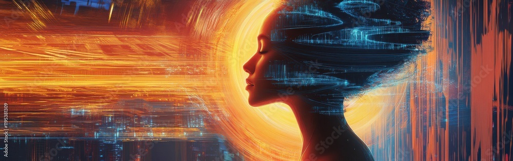 Aufkleber Surreal representation of a glowing woman in vibrant colors against an abstract background of light and technology